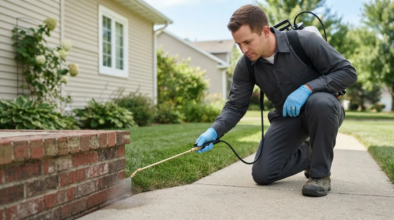 Pest control technician treating a home near Columbia City, OR